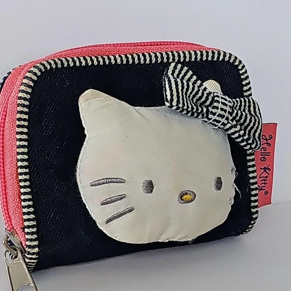Y2K Sanrio Hello Kitty Denim Wallet Plush 3D Cat Kitten Pink Zipper Bow 1719